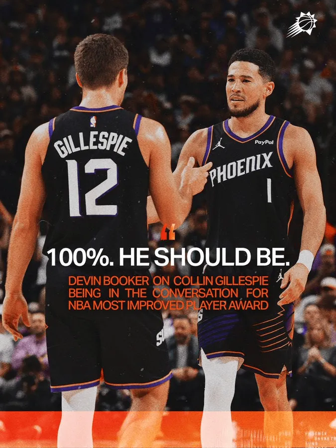 布克:吉莱斯皮绝对有机会冲击今年的最快进步球员奖